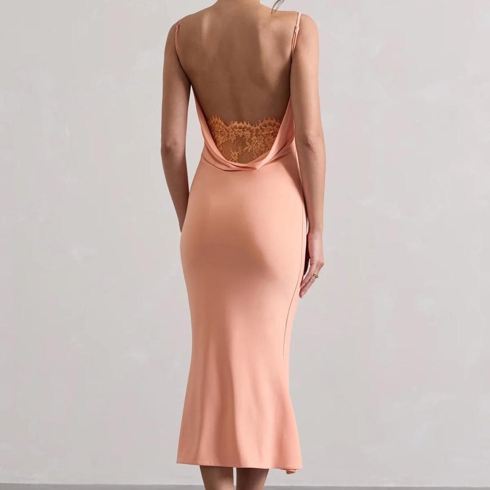 COWL-NECK OPEN-BACK MIDI DRESS WITH LACE
